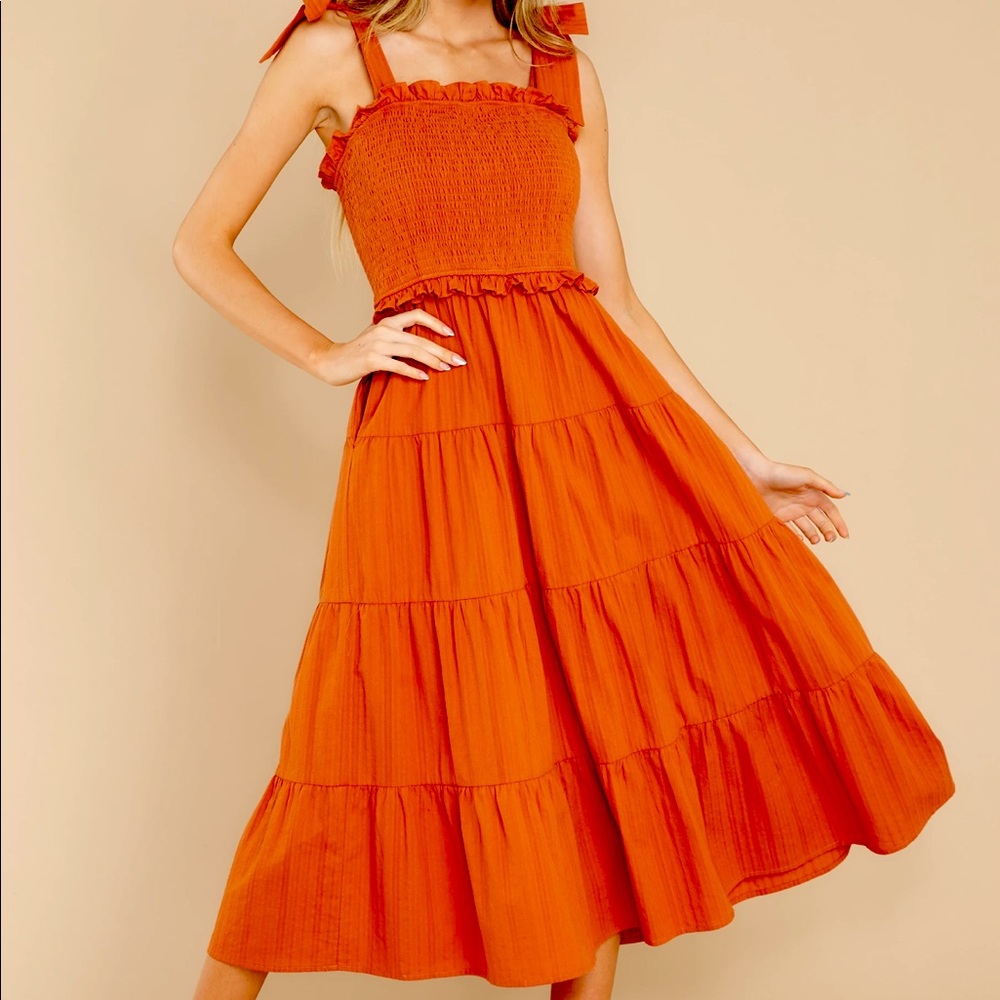 NWT Burnt Orange Smocked Bodice Midi-Length Dress
